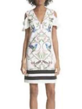 Ted Baker White Floral Cold-Shoulder Mini Dress with Black Stripes